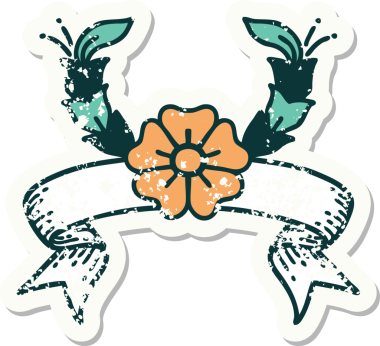 Bir insan tarafından çizilmiş dekoratif bir çiçeğin pankartıyla eski bir etiket.