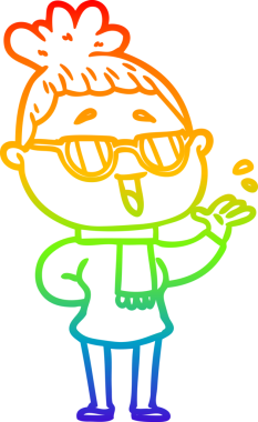 Bir insan tarafından çizilmiş gözlük takan mutlu bir kadının çizgi çizimi.