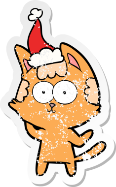 Mutlu el çizilmiş hüzünlü bir karikatür. Bir insan tarafından çizilmiş Noel Baba şapkası takan bir kedi.
