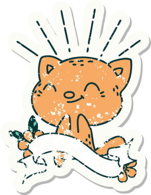 Bir insan tarafından çizilmiş eski bir dövme stili mutlu bir kedi.