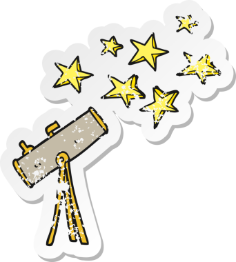 Çizgi film teleskopunun gerilimli yapıştırması ve bir insan tarafından çizilmiş yıldızlar.