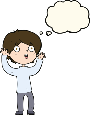 Bir insan tarafından çizilmiş düşünce baloncuğu olan korkmuş bir adam.