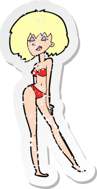 Bir insan tarafından çizilmiş bikinili bir karikatür kadının gerilmiş çıkartması.