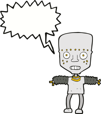 Bir insan tarafından çizilmiş konuşma balonu olan çizgi film robotu.