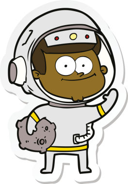 Bir insan tarafından çizilmiş mutlu bir astronot çizgi filminin çıkartması.