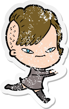 Hipster saç kesimi bir insan tarafından çizilmiş tatlı bir çizgi film kızına ait sıkıntılı bir etiket.