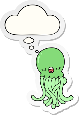 Düşünce baloncuklu çizgi film denizanası insan tarafından çizilmiş bir çıkartma.