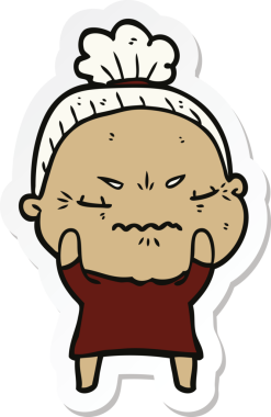 Çizgi film çıkartması. Bir insan tarafından çizilmiş yaşlı bir kadın.