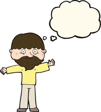 Bir insan tarafından çizilmiş düşünce balonlu sakallı mutlu adam çizgi filmi.