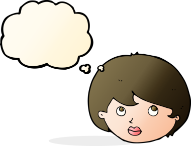 Bir insan tarafından çizilmiş düşünce baloncuğuyla yukarı bakan kadın yüzü.