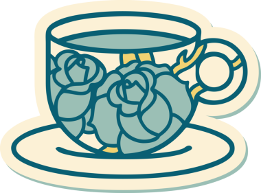 Geleneksel bir kupa stili dövme çıkartması ve bir insan tarafından çizilmiş çiçekler.