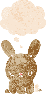 Homurdanan düşünce baloncuğu olan sevimli çizgi film tavşanı bir insan tarafından çizilmiş dertli retro tarzı.