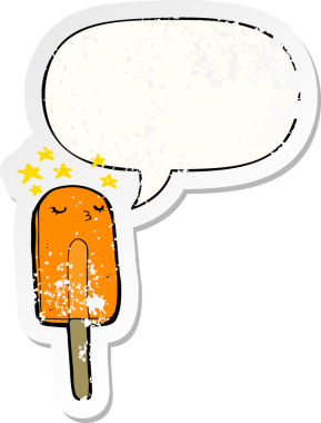Karikatür buz lolipopu, konuşma baloncuğu bir insan tarafından çizilmiş sıkıntılı eski bir çıkartma.