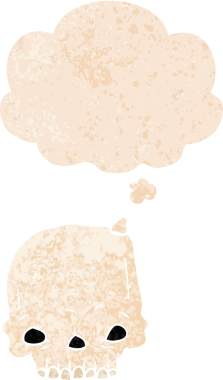 grunge 'da düşünce baloncuğu olan karikatürümsü kafatası, bir insan tarafından çizilmiş tedirgin geçmiş dokuma tarzı.