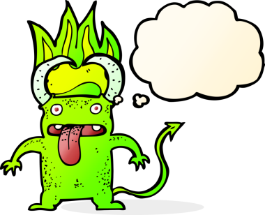 Bir insan tarafından çizilmiş düşünce baloncuğu olan küçük bir şeytan.