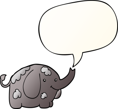 Bir insan tarafından çizilmiş, konuşma baloncuklu çizgi film fili.