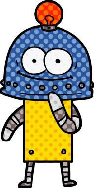 Bir insan tarafından çizilmiş ampullü mutlu karton robot.