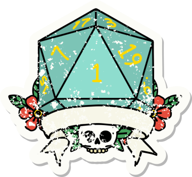 Bir insan tarafından çizilmiş doğal bir d20 zarının grunge çıkartması.