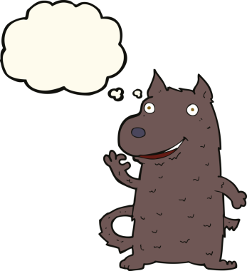 Bir insan tarafından çizilmiş düşünce balonlu mutlu bir köpek.