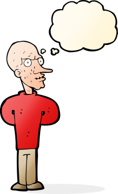 Bir insan tarafından çizilmiş düşünce balonlu kötü kel adam çizgi filmi.