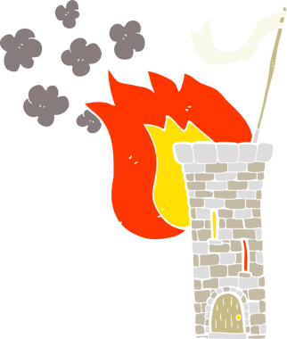 Bir insan tarafından çizilmiş beyaz bayrak sallayan eski kale kulesinin düz renk çizimi