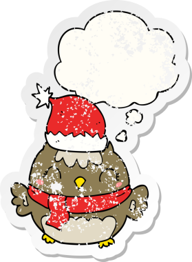 Düşünce baloncuğu olan sevimli noel baykuşu bir insan tarafından çizilmiş yıpranmış bir çıkartma.