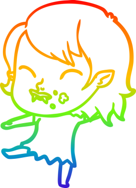 Gökkuşağı gradyan çizgisi. Bir insan tarafından çizilmiş yanağında kan olan vampir bir kız çizgi filmi.