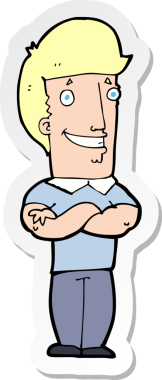 Bir insan tarafından çizilmiş kolları katlanmış, sırıtan bir çizgi film karakterinin çıkartması.