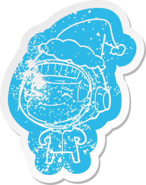 Mutlu çizgi film, bir insan tarafından çizilmiş Noel Baba şapkası giyen bir astronotun sıkıntılı çıkartması.