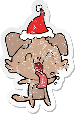 Bir insan tarafından çizilmiş, nefes nefese kalmış, Noel Baba şapkası takan bir köpek.