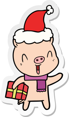 Bir insan tarafından çizilmiş Noel Baba şapkası giyen bir domuzun mutlu el çizimi çıkartması.