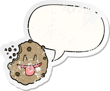 Konuşma balonlu çizgi film kurabiyesi bir insan tarafından çizilmiş sıkıntılı eski bir çıkartma