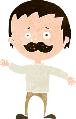 Bir insan tarafından çizilmiş bıyıklı bir çizgi film adamı.