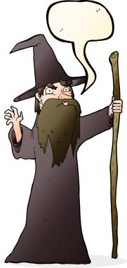 bir insan tarafından çizilmiş konuşma balonu olan yaşlı bir sihirbaz.