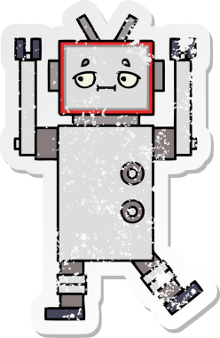 Bir insan tarafından çizilmiş sevimli bir robot çizgi film çıkartması.