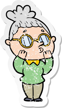 Bir insan tarafından çizilmiş gözlük takan karikatürlü bir kadının sıkıntılı çıkartması.