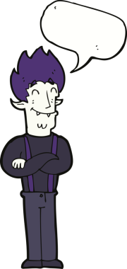 Bir insan tarafından çizilmiş konuşma balonlu mutlu vampir adam çizgi filmi.