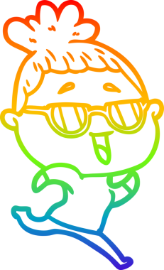 Bir insan tarafından çizilmiş gözlük takan mutlu bir kadının çizgi çizimi.