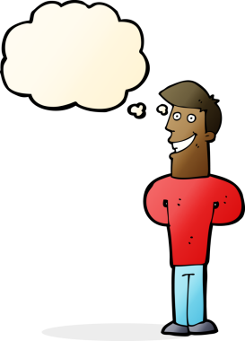 Bir insan tarafından çizilmiş düşünce baloncuğu ile sırıtan çizgi film adamı.