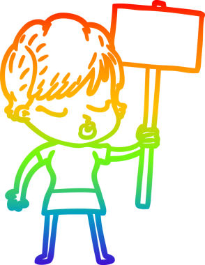 Gökkuşağı gradyan çizgi çizimi bir insan tarafından çizilmiş gözleri olan bir karikatür kadın