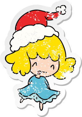 Bir insan tarafından çizilmiş Kawai kızının, sıkıntılı bir Noel çıkartması.