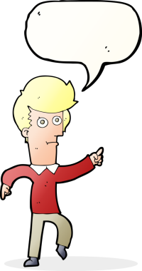 Bir insan tarafından çizilmiş bir konuşma balonuyla işaret eden çizgi film adamı.