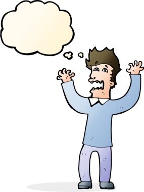 Bir insan tarafından çizilmiş düşünce baloncuğuyla dehşete düşmüş bir adam.