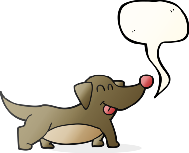 Bir insan tarafından çizilmiş serbest konuşma balonu karikatürü mutlu küçük köpek.