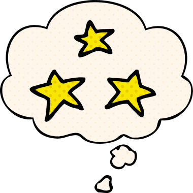 Çizgi roman tarzında bir insan tarafından çizilmiş düşünce baloncuğu olan çizgi film yıldızları