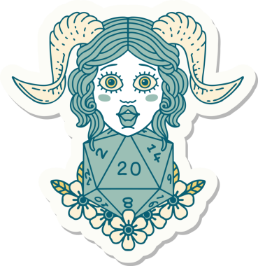 Bir insan tarafından çizilmiş doğal yirmi zarla yapıştırılmış bir etiket.