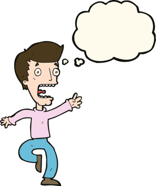 Bir insan tarafından çizilmiş düşünce baloncuğuyla dehşete düşmüş bir adam.