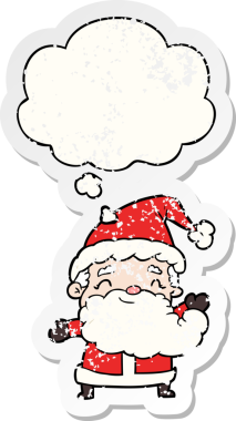 Düşünce baloncuğu olan çizgi film Noel Baba 'sı bir insan tarafından çizilmiş yıpranmış bir çıkartma.