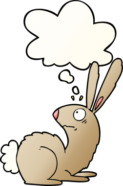 Bir insan tarafından çizilmiş yumuşak eğimli düşünce baloncuklu çizgi film ürkmüş tavşan.