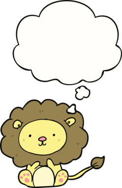 Bir insan tarafından çizilmiş düşünce baloncuklu çizgi film aslanı.